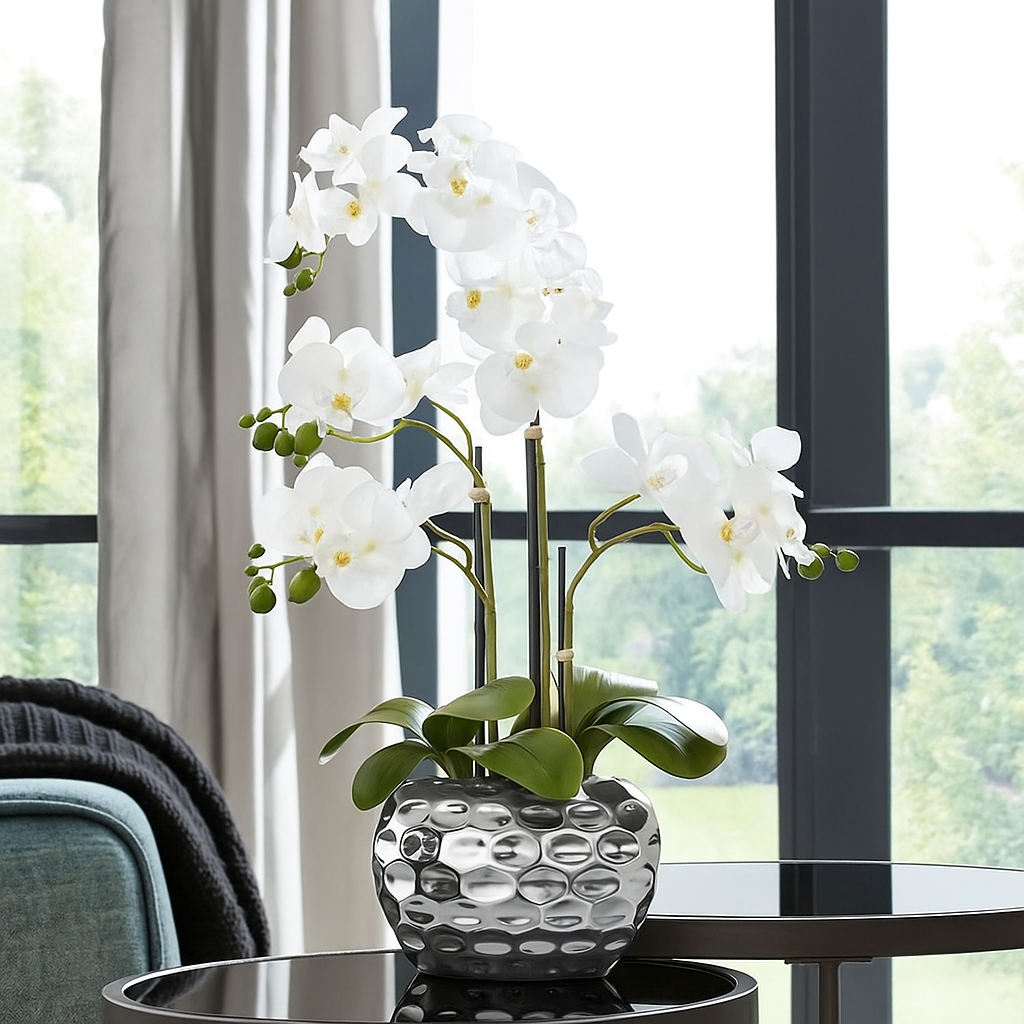 Creativ green Potted Artificial Orchid Arrangement in Silver Pot, 23" tall